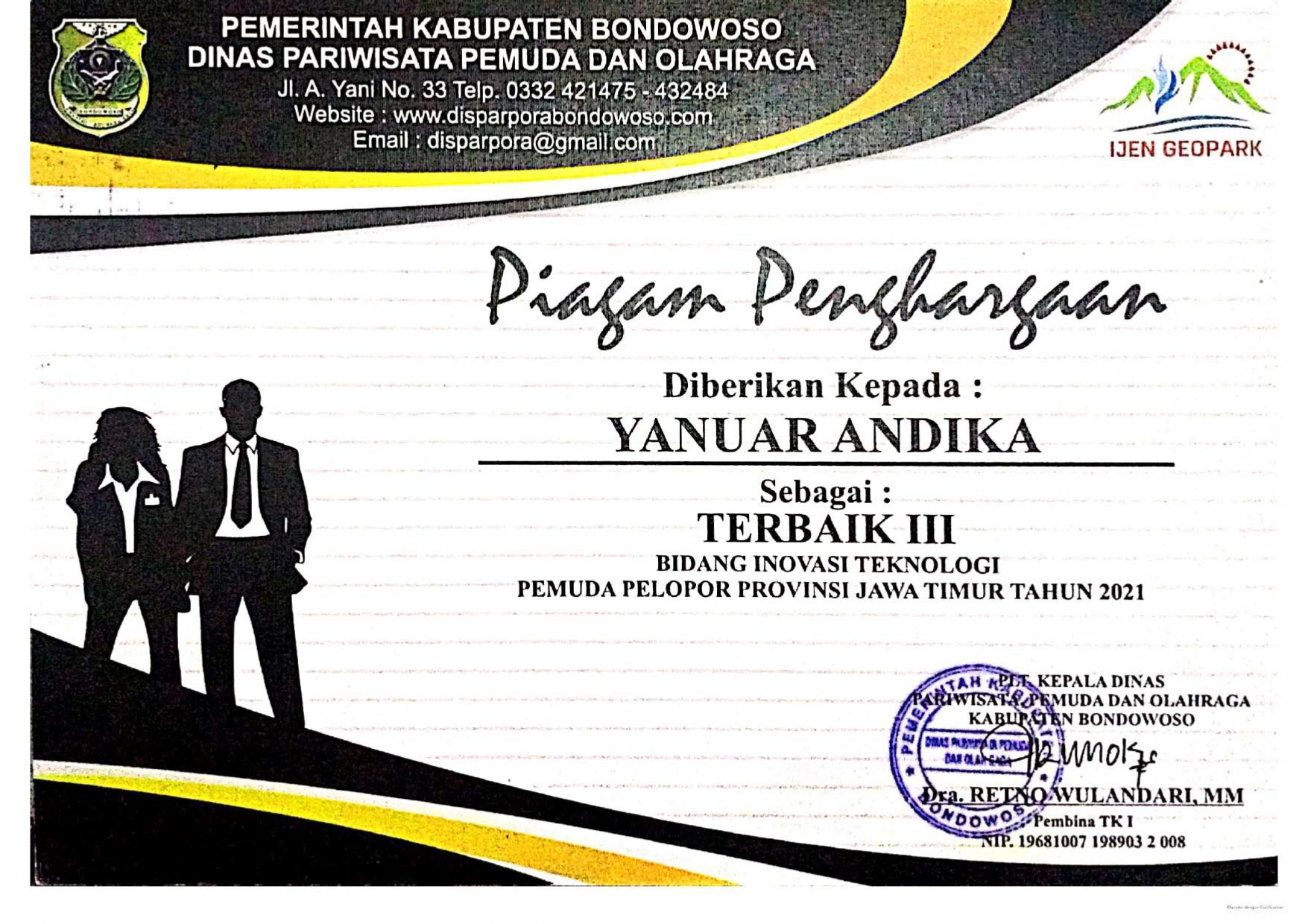 Juara 3 Bidang Inovasi Teknologi Pemuda Pelopor Provinsi Jawa Timur 2021